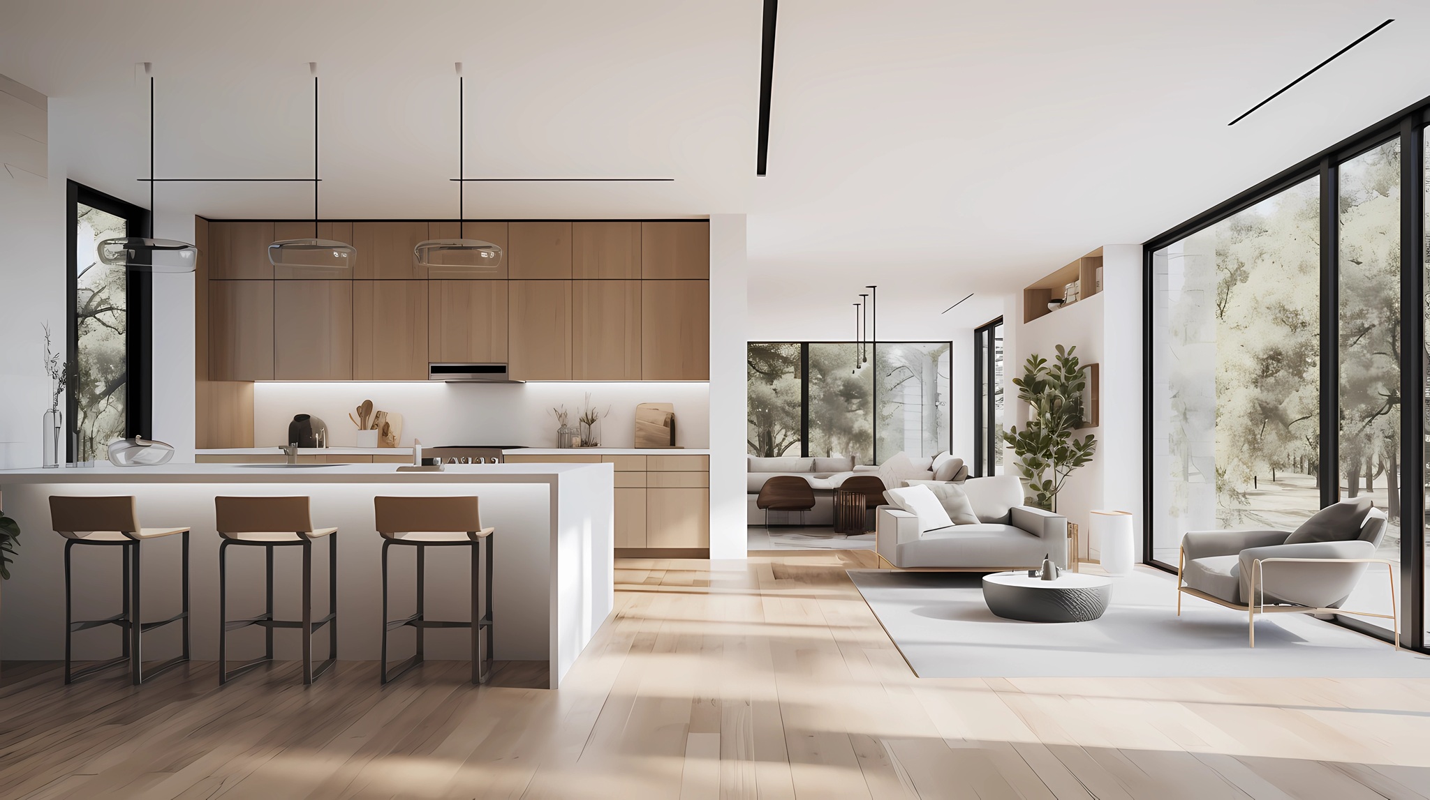A modern minimalist home interior design with clean lines, sleek furniture, and neutral color palette, featuring an open-concept living space connected to a spacious kitchen, bathed in natural light