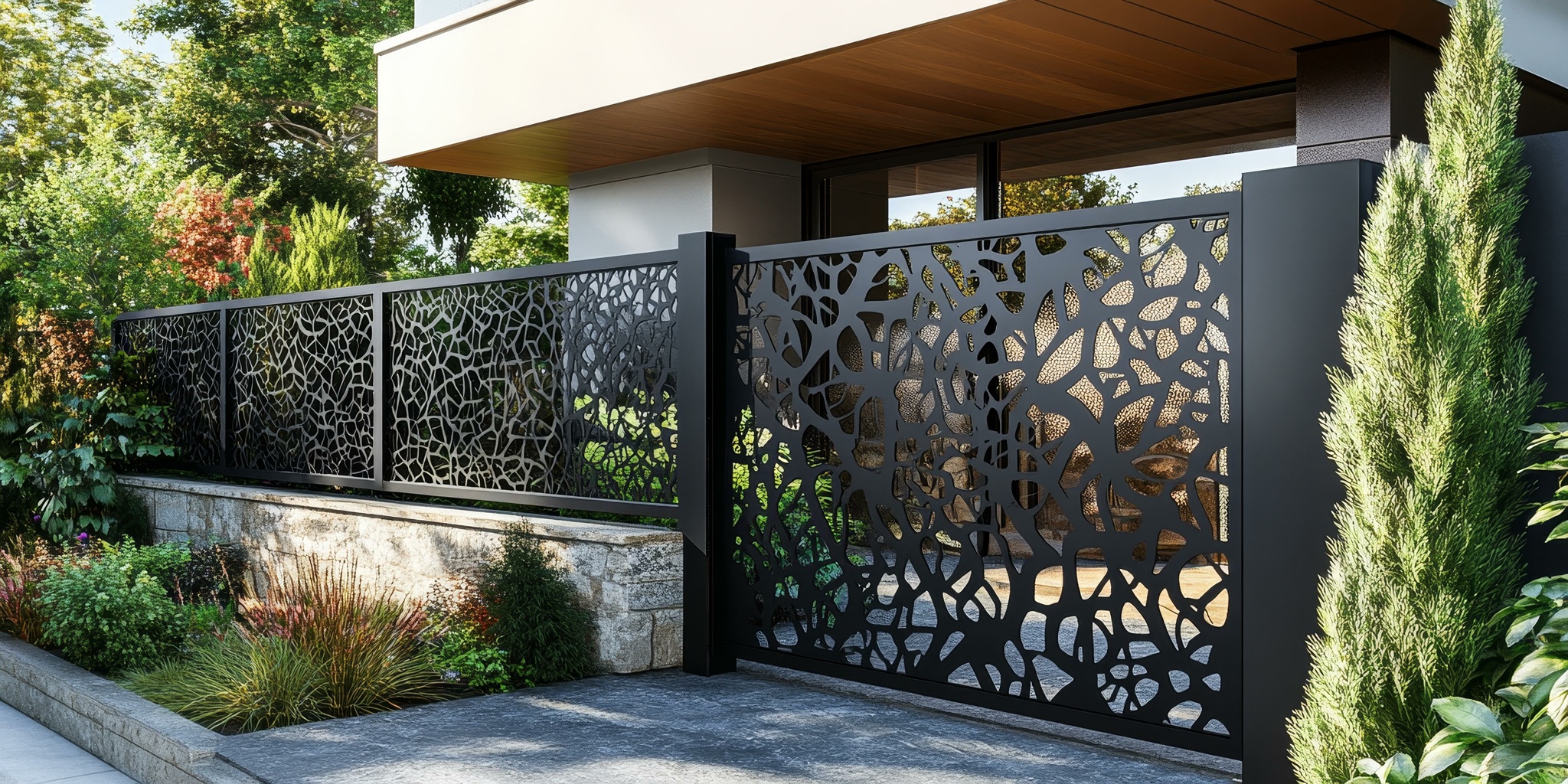 Modern metal fence with intricate pattern.